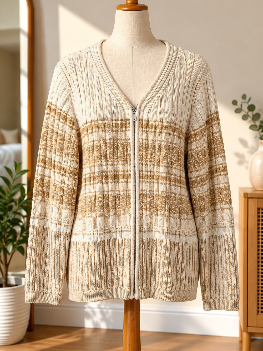 Liz Claiborne Lizsport Womens L Cream Tan Ribbed Full Zip Cardigan Sweater